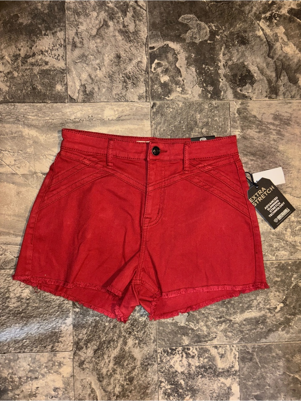High-Rise Red Stretch Denim Shorts with Frayed Hem